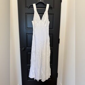V Neck Drop Waist White Maxi Dress